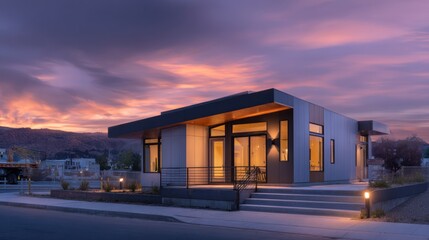 Modern architectural structure glows under a stunning sunset sky, blending contemporary design with nature