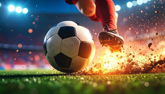 Dynamic action shot of a soccer ball being kicked on the field under stadium lights
