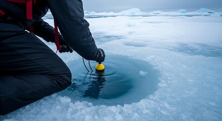 Scientist Measuring Water Temperature in Arctic Ice Hole for Climate Research.