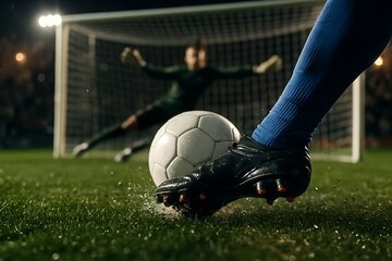 Intense soccer match action player's foot strikes the ball on a wet pitch under stadium lights at night, capturing the dramatic moment of a penalty kick with the goalkeeper in the background