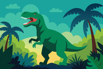 Fototapeta premium Cartoon Tyrannosaurus Rex in a Lush Tropical Landscape with Palm Trees and Clouds
