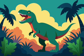 Fototapeta premium Cartoon Tyrannosaurus Rex Roaring in a Tropical Prehistoric Landscape with Palm Trees and Lush Vegetation