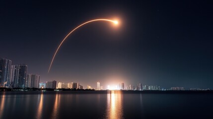 Obraz premium Rocket launch over city skyline at night, dramatic scene