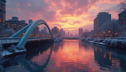 Obraz premium Serene sunrise over winter city bridge and river
