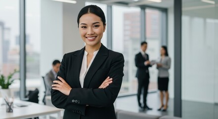 Confident asian businesswoman wearing a sharp black suit with arms crossed smiles warmly in a modern well lit corporate office environment