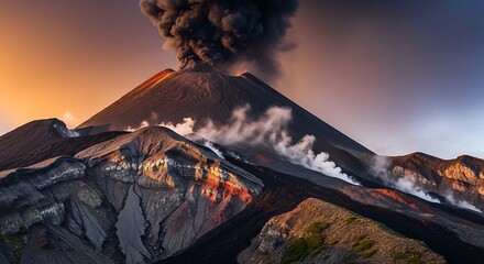 A dramatic vista of a volcano erupting, showcasing the powerful forces of nature with a dramatic display of smoke and glowing lava flows against a vibrant sunset sky.