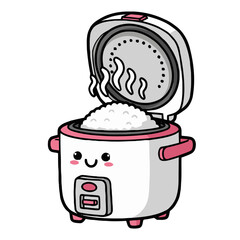 Cute cartoon rice cooker with smiling face, steaming rice, and pink accents