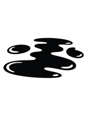 Black liquid spill puddle and droplets isolated on white background