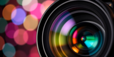 Close-up of a professional camera lens with a colorful bokeh background, perfect for photography enthusiasts and artists