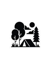 Fototapeta premium Simple silhouette of a tent in a forest with sun and clouds