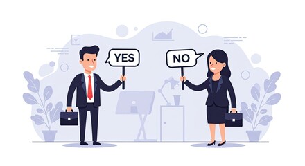 A man and a woman in business attire stand opposite each other, holding signs that say "YES" and "NO" respectively, symbolizing disagreement or a decision-making process.