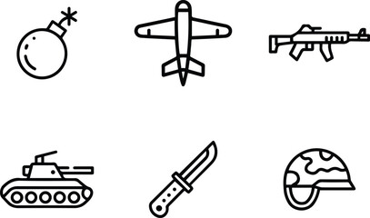 Military and Warfare Flat Line Icon Set.