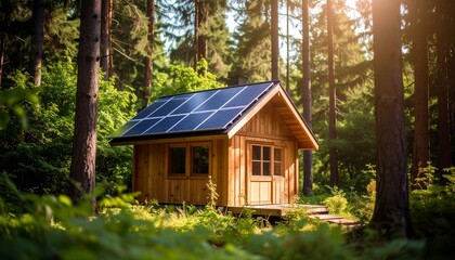 Cozy wooden cabin with solar panels nestled in a sun-dappled forest, offering sustainable living.