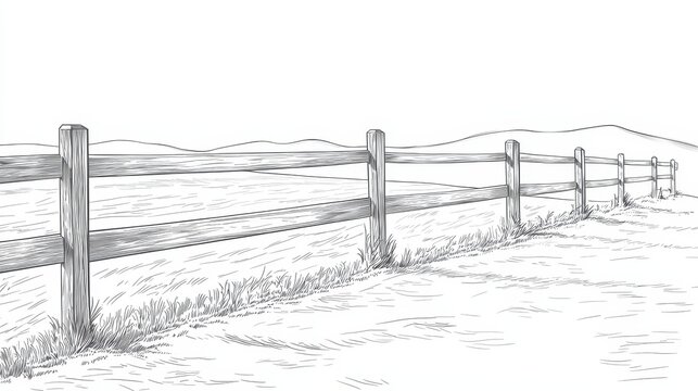 Detailed Sketch of Rustic Wooden Fence in Open Rural Landscape