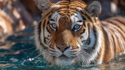 Obraz premium Majestic tiger wading through cool water, an image of nature's grace