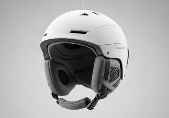 Sleek White Ski Helmet Mockup Floating with Ear Pads and Strap on Gradient Background