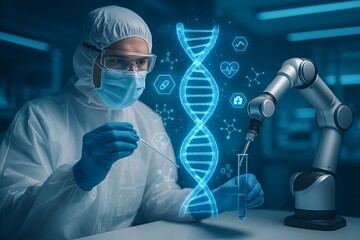 Futuristic dna research with laboratory scientist and robotic arm performing genetic engineering experiment using holographic biotechnology interface in advanced medical laboratory