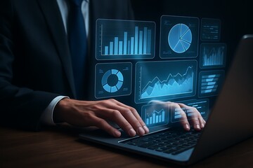 Futuristic financial dashboard with glowing graphs pie charts and data analytics displayed on laptop symbolizing modern business intelligence and corporate strategy concept