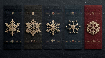 Fototapeta premium Elegant Christmas Snowflake Designs: Festive Gold Snowflakes on Textured Backgrounds, Perfect for Holiday Greetings, Winter Season Decorations, and Seasonal Design Projects