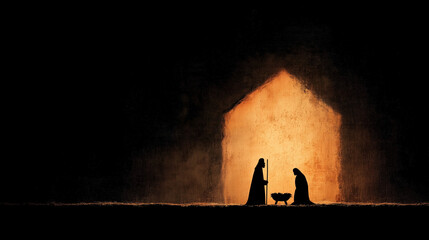 Christmas Nativity Scene Silhouette: A serene depiction of the Holy Family, Mary, Joseph, and the baby Jesus in a stable, illuminated by a warm, inviting glow, evoking the spirit of the season