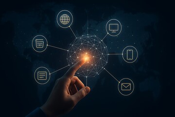 Futuristic holographic globe with glowing connectivity icons representing global communication digital technology internet and worldwide networking concept