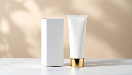 Elegant skincare tube and box with luxurious gold accent, perfect for beauty marketing