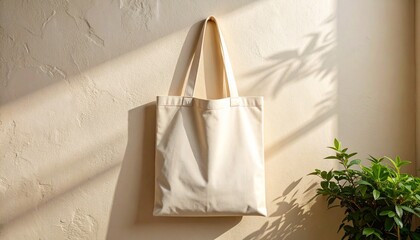 Stylish canvas tote bag mockup for eco-friendly branding on textured wall with plant shadow