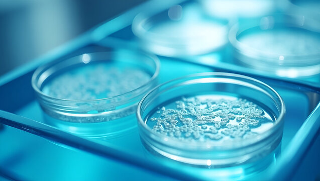 Close-Up of Water Bacteria Testing: Petri Dishes with River Water Samples Showing Bacterial Growth - Stock Photo Concept with Space for Text