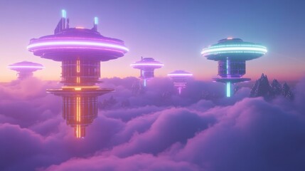 Futuristic illuminated structures floating above clouds at sunset