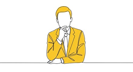 A minimalist illustration of a businessman in a yellow suit, contemplating with his hand on his chin.