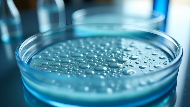 Exploring River Water Quality: Close-Up of Bacterial Growth in Petri Dishes from Water Sample Testing - Stock Photo Concept with Space for Text