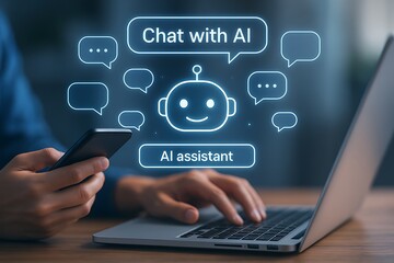 Naklejka premium User interacting with AI assistant chatbot hologram on laptop and phone symbolizing artificial intelligence communication technology and futuristic digital interaction concept