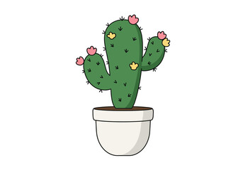 Cute Cartoon Green Cactus with Pink and Yellow Flowers in a White Pot.