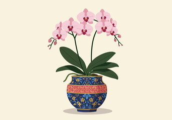 Elegant Pink Orchid Plant in Ornate Decorative Blue and Gold Vase.
