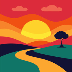 Winding path and lone tree with colorful sky vector landscape background.