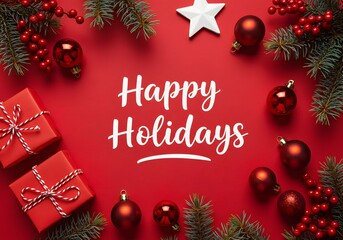 Festive happy holidays text surrounded by christmas decorations gifts and ornaments on red