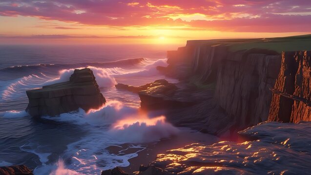 Dramatic sunset over rugged coastal cliffs and crashing waves - Powered by Adobe