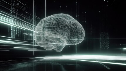 Wireframe brain model with data streams in abstract digital space