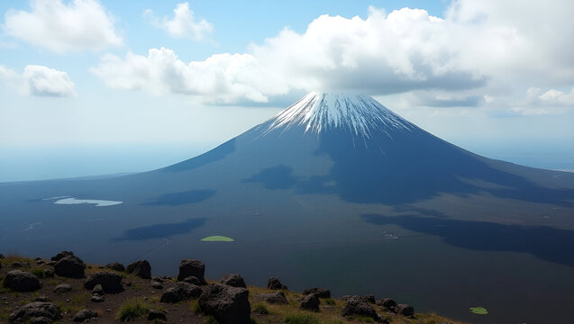 Stunning Stratovolcano Image: Snow-Capped Peak with Craters Surrounded by Volcanic Rock and Lush Greenery - Perfect for Stock Photos with Space for Text on the Left