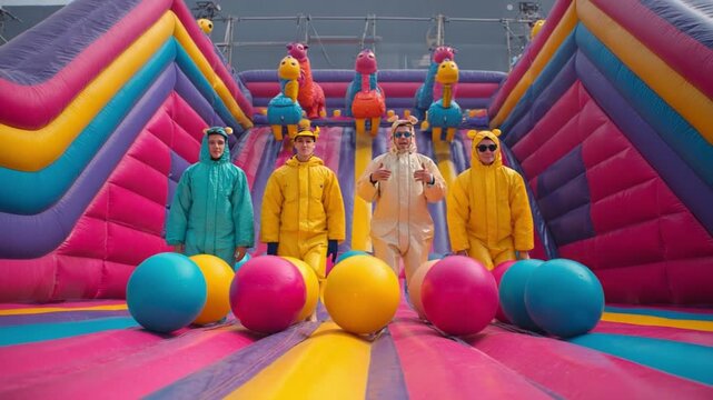 Joyful Bounce House: A playful scene unfolds as a group of individuals, dressed in vibrant attire, stands before a colorful bounce house, capturing the essence of fun and childhood delight.