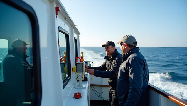 Oceanographers measuring warming oceans temperature profiles salinity changes and acidification levels using CTD probes on research vessel deck in  Photo Stock  Concept  and empty space on the left si