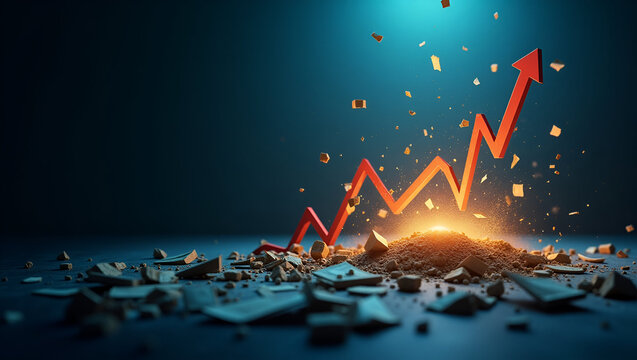 High Resolution Market Collapse Concept: Crumbling Stock Graphs and Distressed Investors in Dim Lighting - Stock Photo with Empty Space for Customization