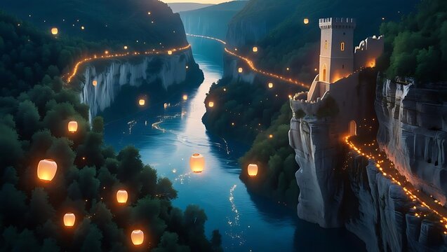 Magical canyon river illuminated by floating lanterns at dusk
