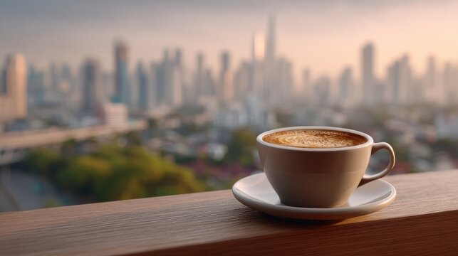 Coffee mood boost style. Coffee cup on wooden railing with blurred city skyline in the background