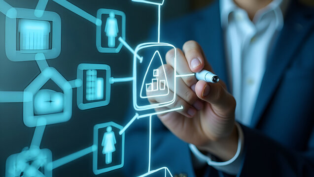 Supply Chain Economics Forecast: Industry Consultant Analyzes Production, Distribution, and Consumption Linkages on Glass Whiteboard - Stock Photo Concept