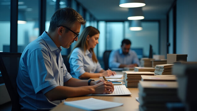 US customs officers processing import export documentation in well lit customs office scanning shipping manifests and verifying HS code compliance under official protocols in  Photo Stock  Concept  an