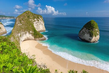 Pristine beach framed by dramatic limestone cliffs, turquoise water, and a sunny sky