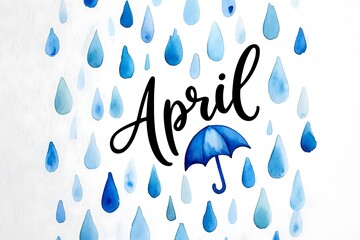 April rain with umbrella and watercolor drops