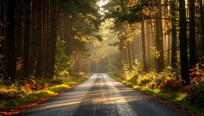 Obraz premium Forest Road Sunlight Path.
