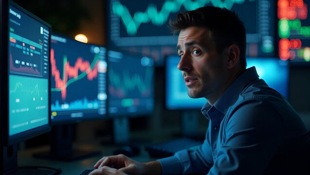 Portrait of stressed trader looking shocked at multiple trading monitors showing abrupt market sell offs and margin call warnings on glowing screens in  Photo Stock  Concept  and empty space on the le